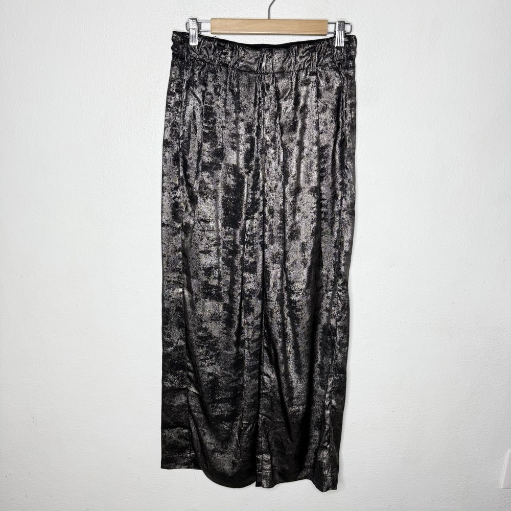 Free People Hi-Fi Metallic Gunmetal Wide Leg Flowy Pants Womens See Measurements